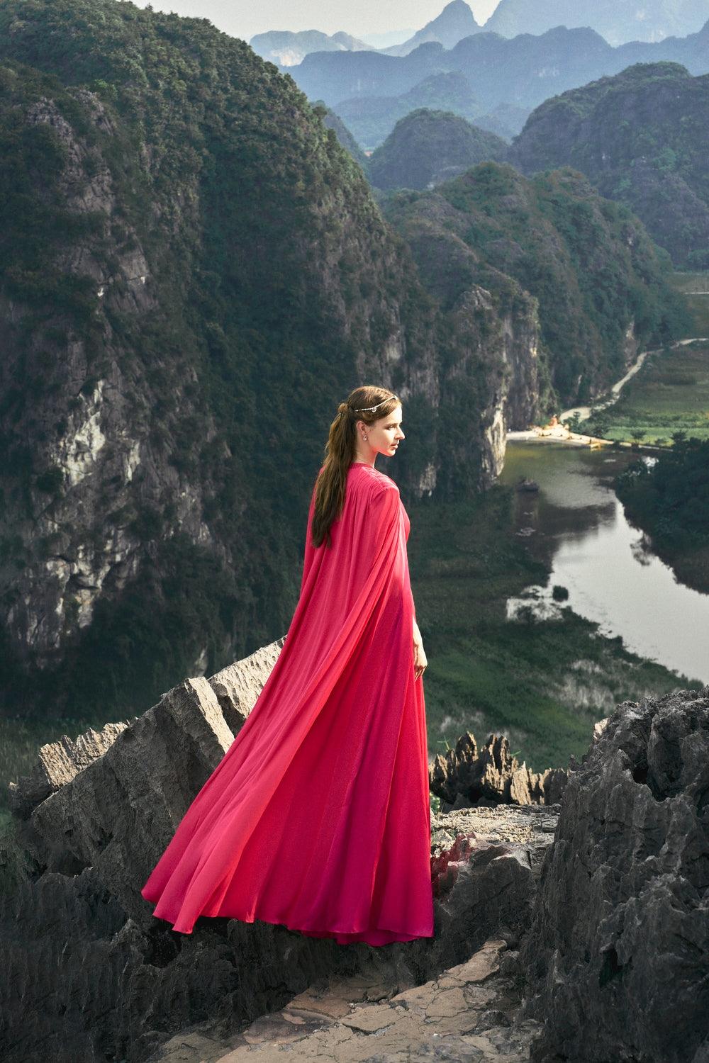 Gathered Long Cape With Gathered Stone Embellished Belt Dress Set - TRACY COUTURE